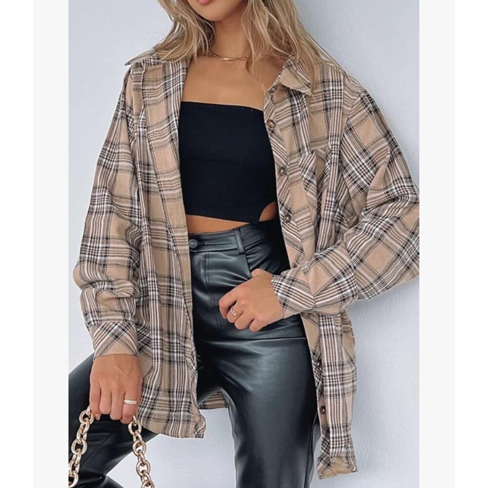 Chyrii Womens Boyfriends Flannel Shirt Large Tan Black Plaid Button Down NEW